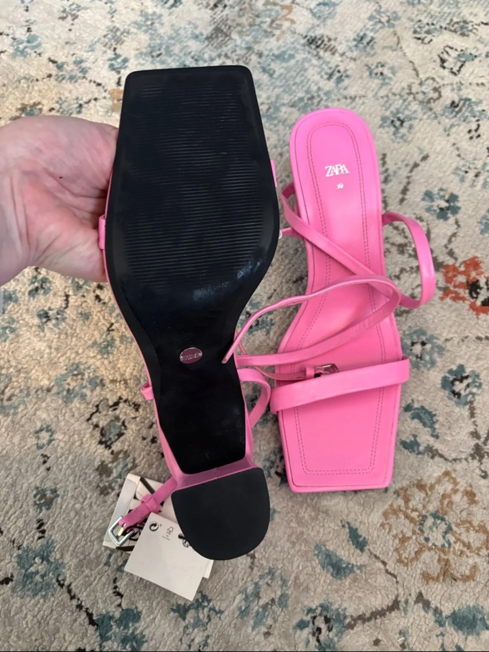 ZARA Bright Pink Square-Toe Strappy Heels - Picture 3 of 4